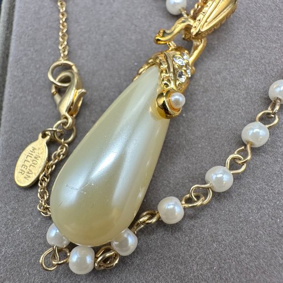 Vintage Nolan Miller Glamour Collection Gold Tone Faux Pearl Teardrop Necklace - Picture 5 of 15